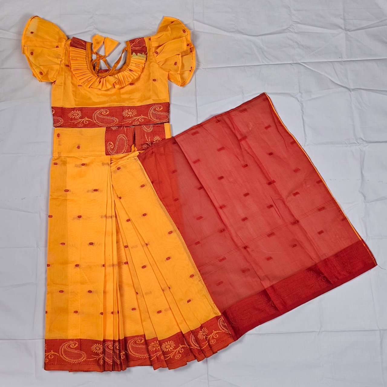 বাচ্চাদের কমলা সফট কাতান রেডি শাড়ি।