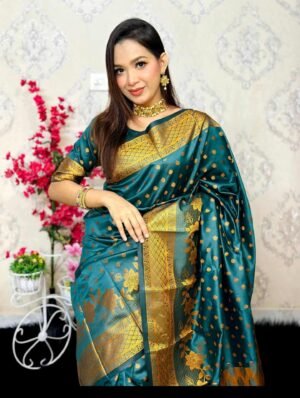 ✨গর্জিয়াস বেনারসি কাঞ্জিভরম কাতান শাড়ি ব্লাউজ পিস সহ।