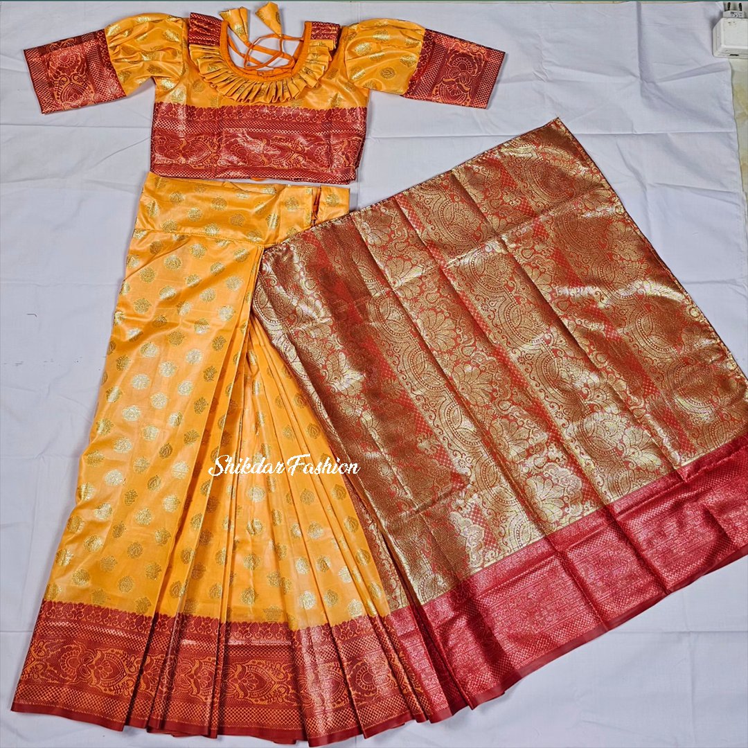 বাচ্চাদের কমলা সফট কাতান রেডি শাড়ি