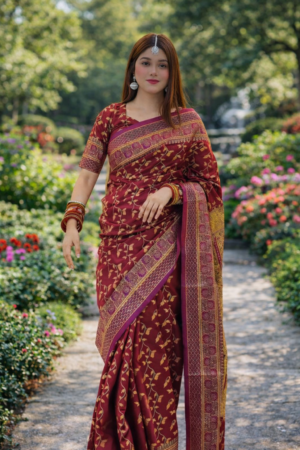 কাশ্মীরী লতা কাতান শাড়ি রানিং ব্লাউজ পিস সহ।