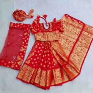 ওড়নাসহ বাচ্চাদের লাল লতা সফট কাতান রেডি শাড়ি