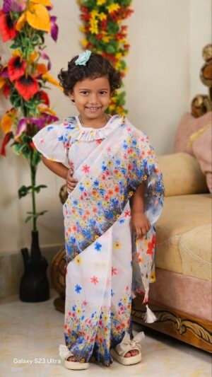 বাচ্চাদের সাদা নীল সুতির রেডি শাড়ি