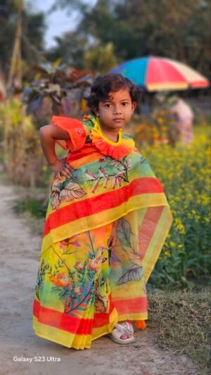 বাচ্চাদের লাল হলুদ সুতির রেডি শাড়ি