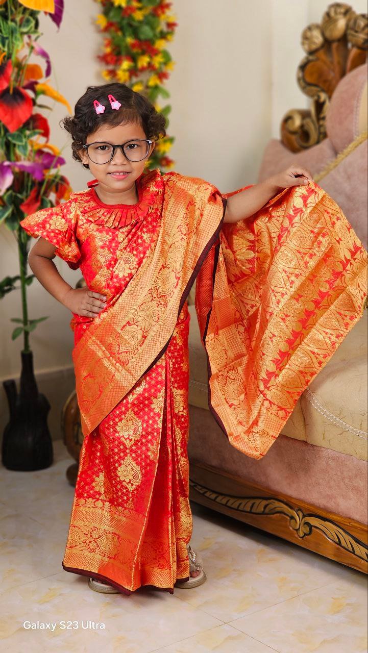 বাচ্চাদের সফট রানী কাতান রেডি শাড়ি