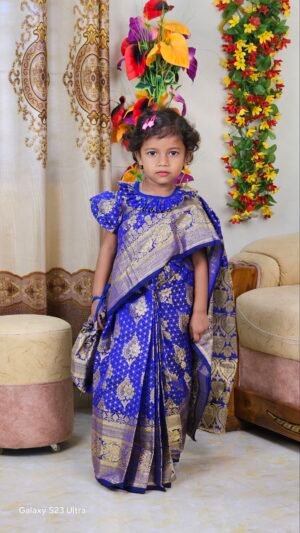 বাচ্চাদের নীল সফট রানী কাতান রেডি শাড়ি