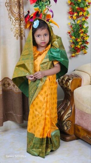বাচ্চাদের কমলা সফট কাতান রেডি শাড়ি