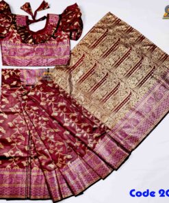 বাচ্চাদের খয়েরী কাশ্মীরি জরি কাতান রেডি শাড়ি