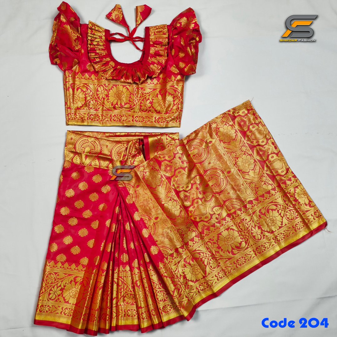 বাচ্চাদের লাল লতা সফট কাতান রেডি শাড়ি।