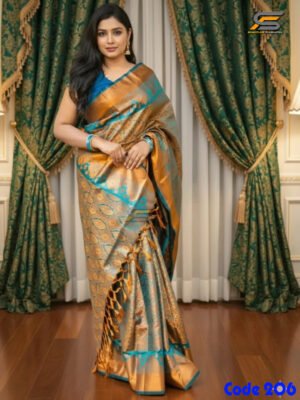 গর্জিয়াস বেনারসি কাঞ্জিভরম কাতান শাড়ি ব্লাউজ পিস সহ।