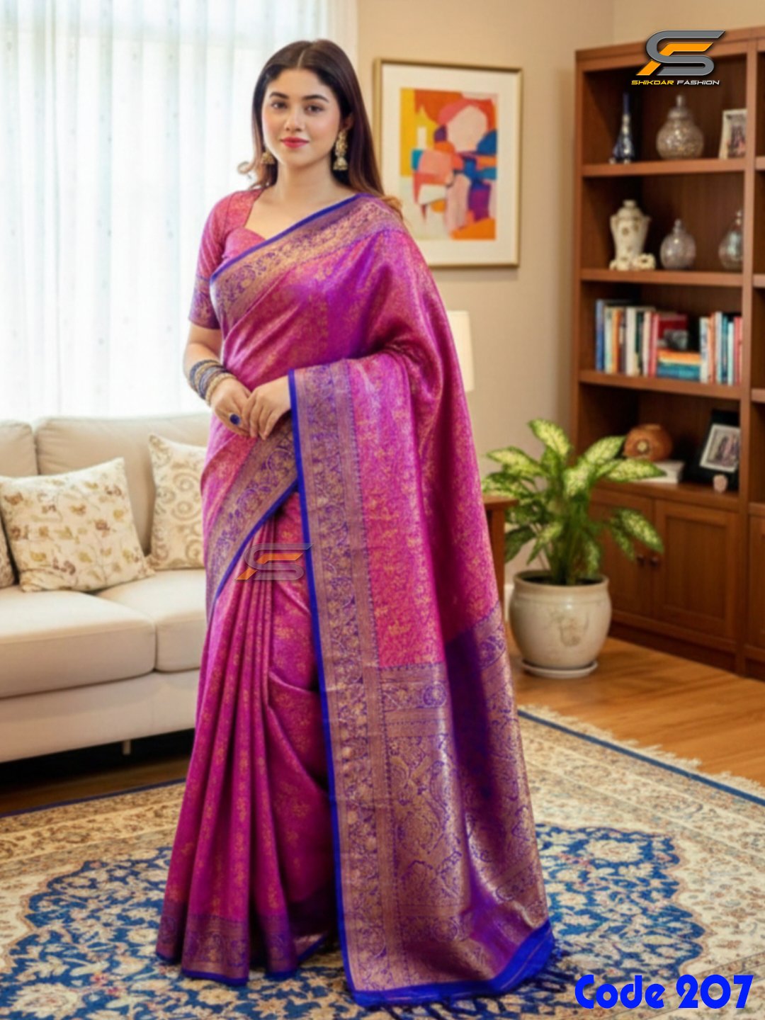 গর্জিয়াস বেনারসি কাঞ্জিভরম কাতান শাড়ি ব্লাউজ পিস সহ।